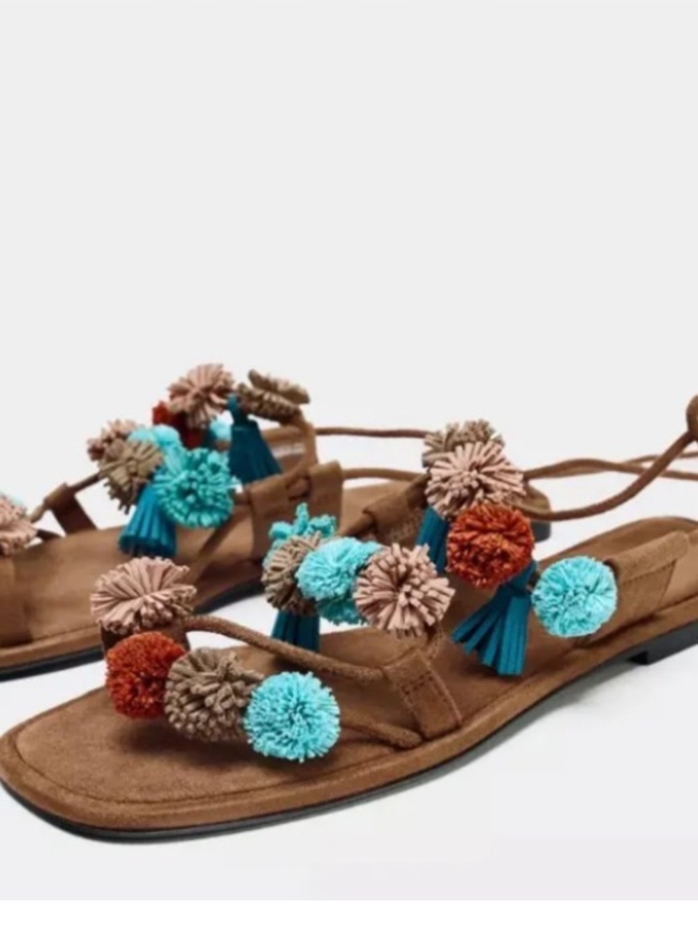 Zara Brown aloha Pom-Pom Lace-Up Sandals with Turquoise Accents size 9.5 EU 40 - Picture 2 of 3